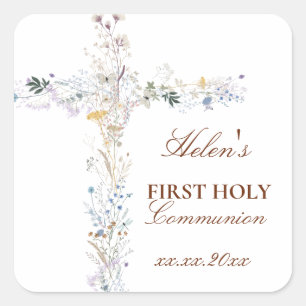Sticker Carré Croix florale de première communion solennelle