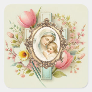 Sticker Carré Croix florale religieuse de Marie Jésus Printemps