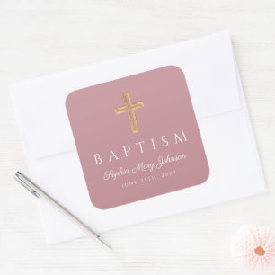 Sticker Carré Croix Religieuse Baptême Fille Rose Poussiéreux
