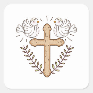 Sticker Carré Croix religieuse Colombe blanche Baptême Christeni