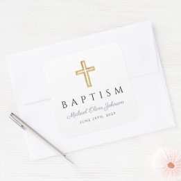 Sticker Carré Croix Religieuse Garçon Baptême Script Bleu Poussi