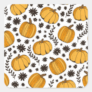 Sticker Carré Croquis citrouilles : motif sans couture dessiné à