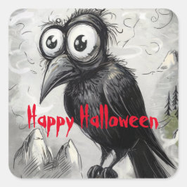 Sticker Carré Crow noir gothique et tour Halloween Éffrayant