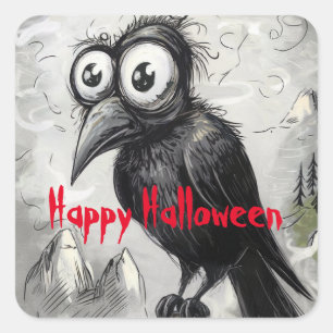 Sticker Carré Crow noir gothique et tour Halloween Éffrayant