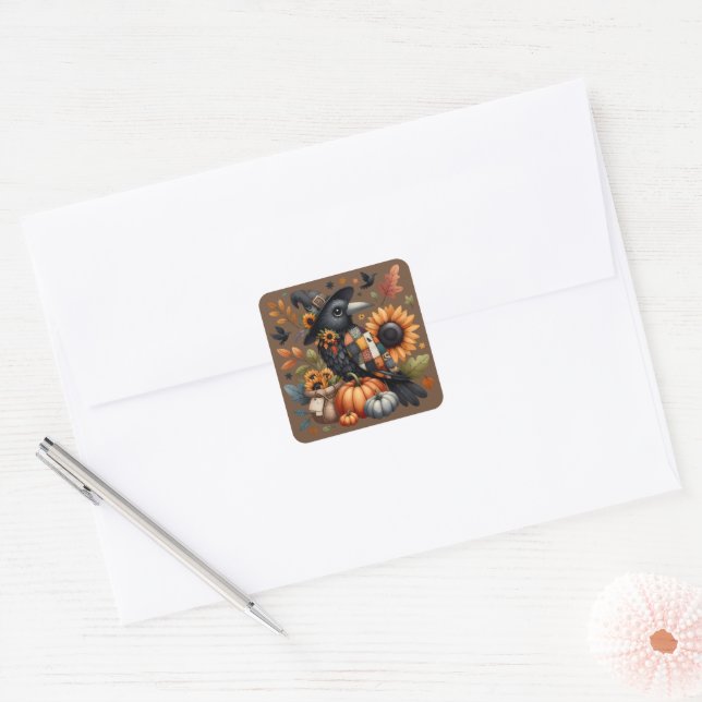 Sticker Carré Crow Whimsical avec Citrouilles et tournesols (Enveloppe)