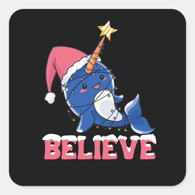 Sticker Carré Croyez Narwhal Noël Fée Lumières (Devant)