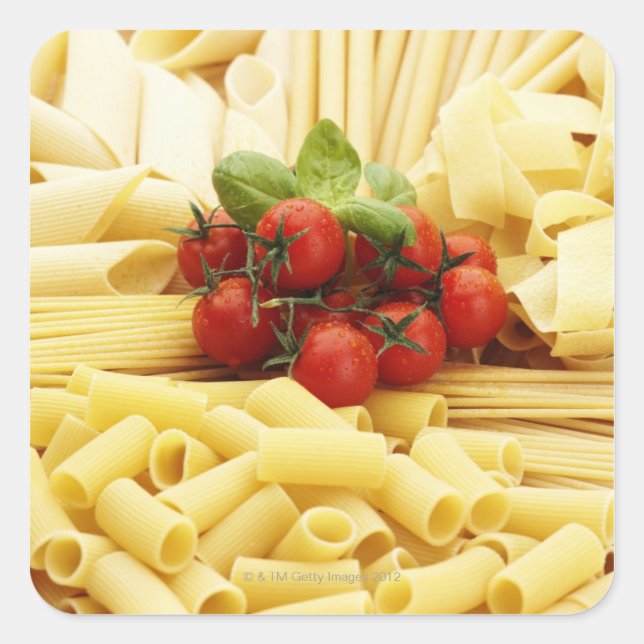 Sticker Carré cuisine italienne. Pâtes et tomates. (Devant)
