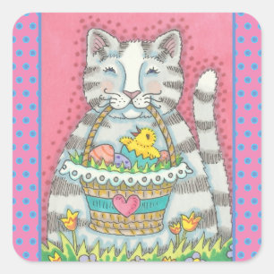 STICKER CARRÉ CUISINE & PÂQUES BASKET D'OEUFS, BALISES DE CHAT