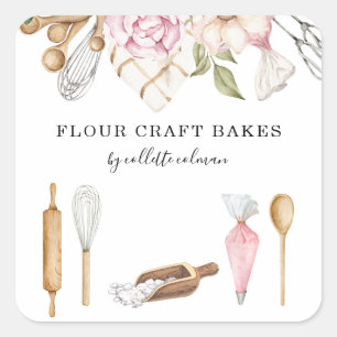 Sticker Carré Cuisine pâtissière Baker Aquarelle Outils Floraux
