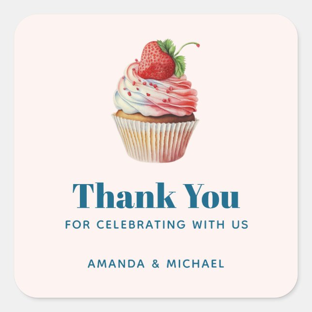 Sticker Carré Cupcake de fraises Merci Mariage dessert (Devant)