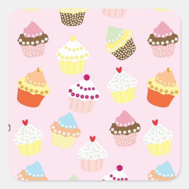 Sticker Carré Cupcake rose fête d'anniversaire (Devant)