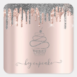 Sticker Carré Cupcake Rose Gold aux Gouttes de Glitter Argent Él
