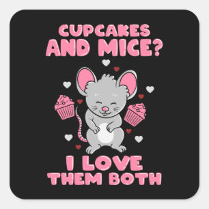 Sticker Carré Cupcakes et souris Je les aime tous les deux