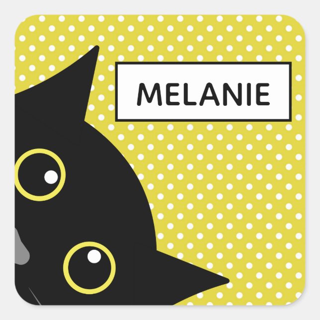Sticker Carré Curieux Chat Noir Polka Jaune Point Personnalisé (Devant)