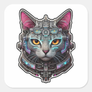 Sticker Carré Curieux Kitty dans un cyber-casque