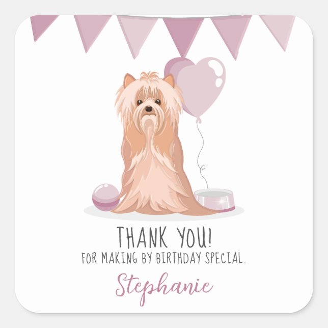 Sticker Carré Curte Yorkshire Terrier Anniversaire (Devant)