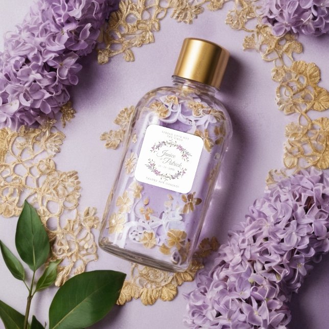 Sticker Carré Custom Lilac Floral Wreath Wedding Sanitizer Gel (Custom Lilac Floral Wreath Wedding Sanitizer Hand Gel Square Sticker.)