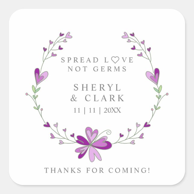 Sticker Carré Custom Purple Floral Wreath Wedding Sanitizer Gel (Devant)