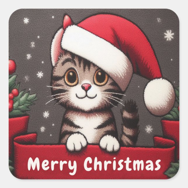 Sticker Carré Customisé drôle Noël Mischievous Tabby Chat (Devant)