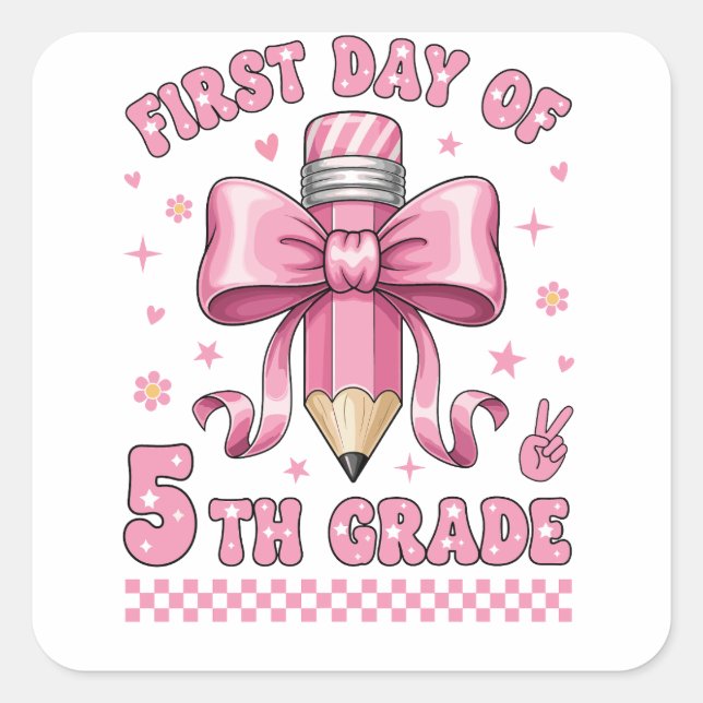 Sticker Carré Cute 5th Grade Girl Pink Bow Groovy Pencil Design (Devant)