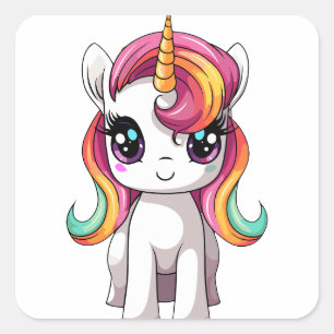Sticker Carré Cute adorable Happy Kawaii Rainbow Unicorn