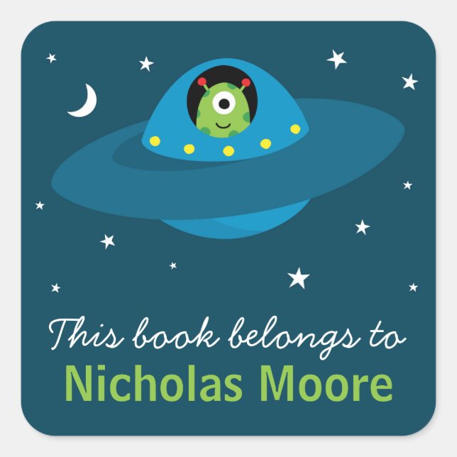 Sticker Carré Cute alien dans l'espace livre de bibliothèque per (Devant)