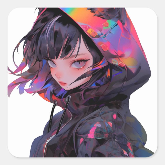 Sticker Carré Cute Anime Catgirl (Devant)