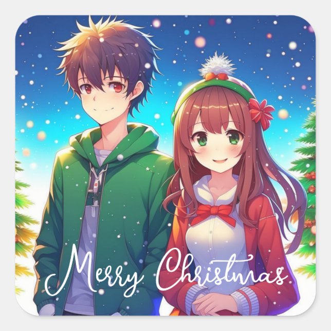 Sticker Carré Cute Anime Couple | Joyeux Noël (Devant)
