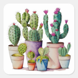 Sticker Carré Cute aquarelle cactus succulents dans les pots