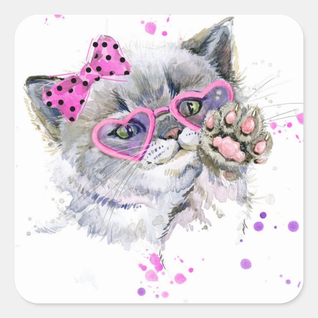 Sticker Carré Cute Aquarelle Kitten (Devant)