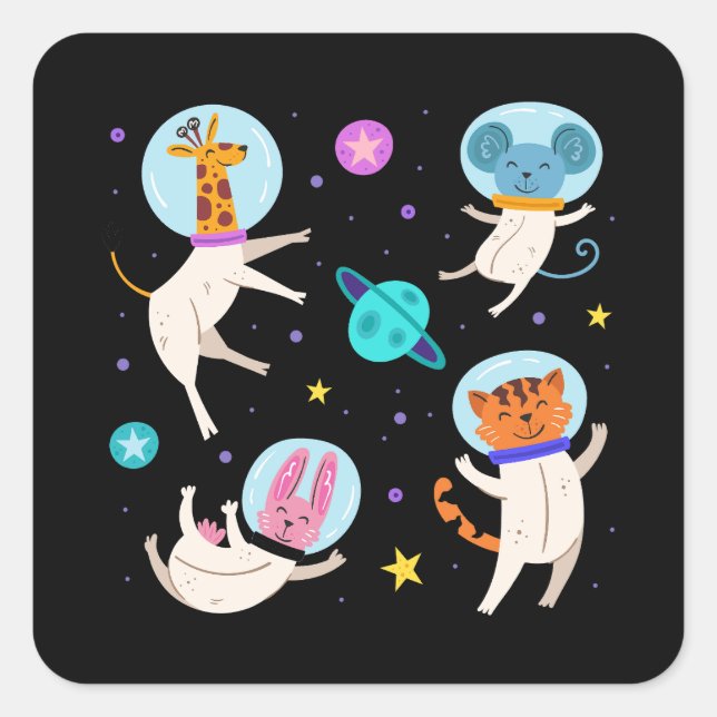 Sticker Carré Cute astronaute Animaux flottant dans l'espace (Devant)