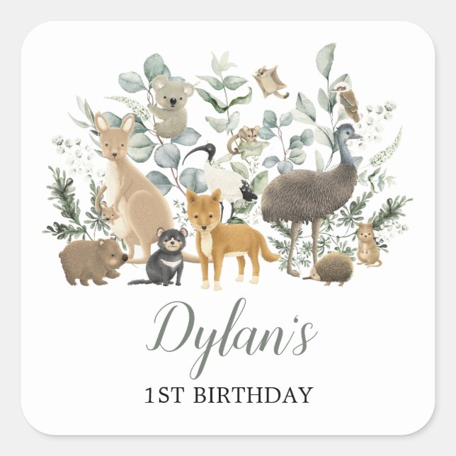 Sticker Carré Cute Australian Animaux Eucalyptus fête d'annivers (Devant)