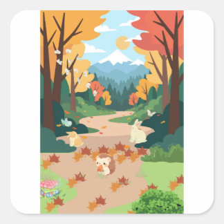 Sticker Carré Cute Autumn Forest Animals Cozy Landscape Art Post