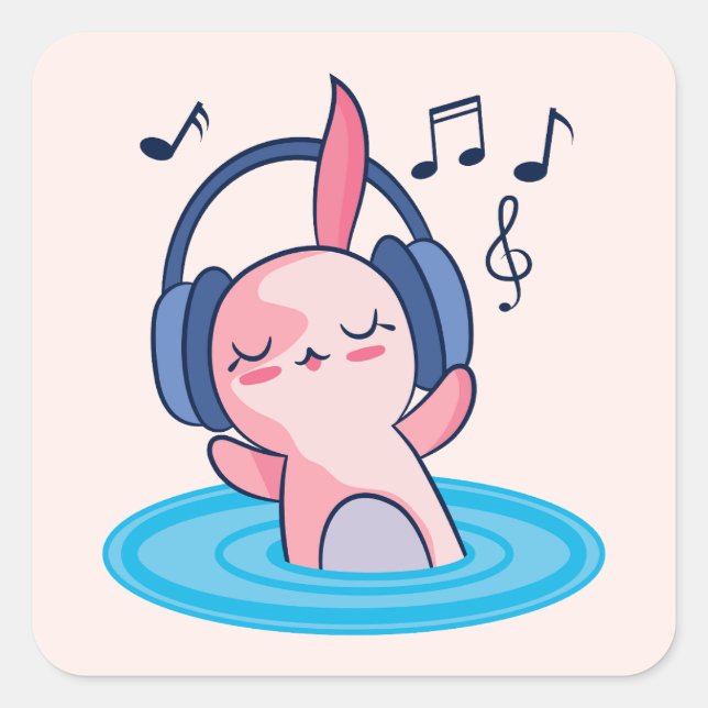 Sticker Carré Cute Axolotl Écouter De La Musique (Devant)