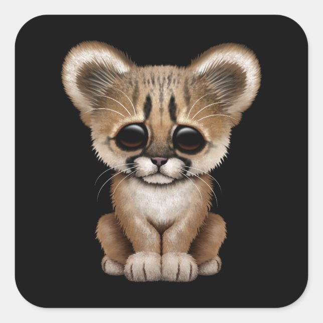 Sticker Carré Cute Baby Cougar Cub sur Noir (Devant)