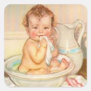 Sticker Carré Cute Baby Having a Bath