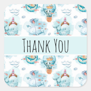 Sticker Carré Cute baleines nautiques Aquarelle Motif Merci