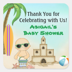 Sticker Carré Cute Beach Bébé Sandcastle Baby shower Merci