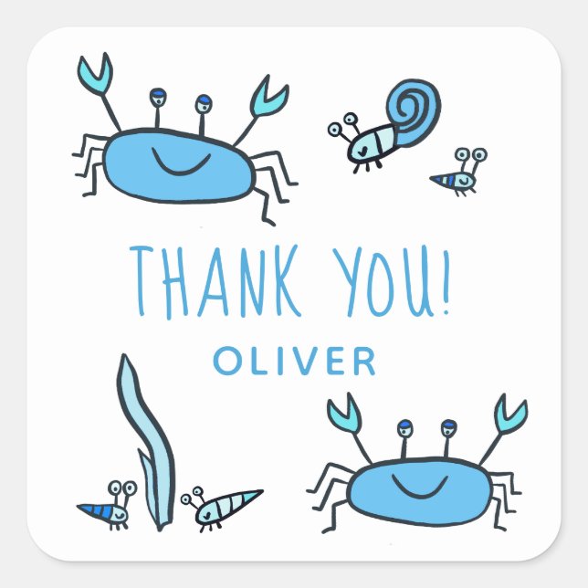 Sticker Carré Cute Blue Crab Sea Animaux Garçon Merci Anniversai (Devant)