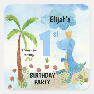 Sticker Carré Cute Blue Dinosaur Palm Tree 1er Carré d'annivers