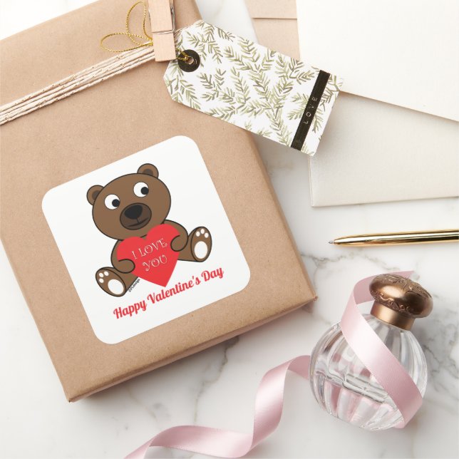Sticker Carré Cute Brown Coeur Ours Je t'aime Valentines Jour (Cadeaux)