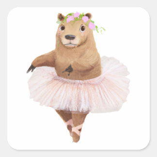 Sticker Carré Cute Capybara en jupe Tutu rose
