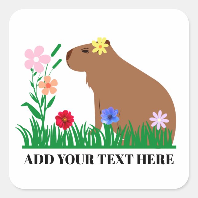 Sticker Carré Cute Capybara Et Fleurs (Devant)