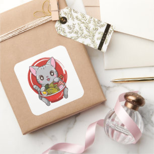 Sticker Carré Cute Cat Manger Ramen Japonais Amoureux des chats 