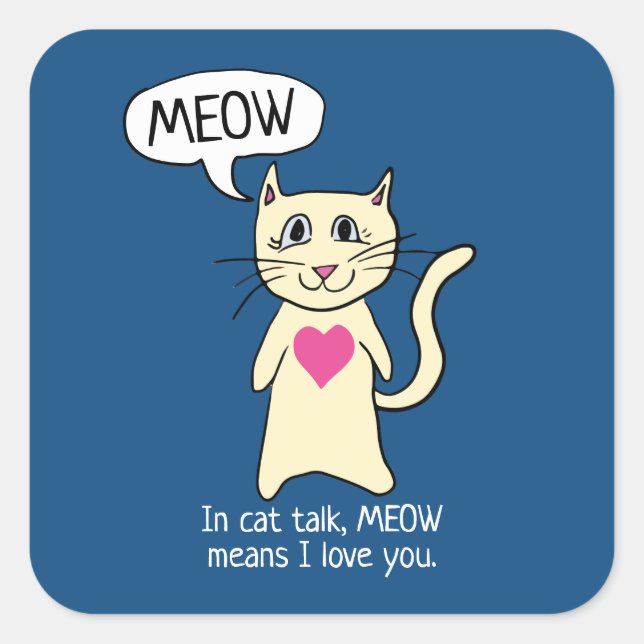 Sticker Carré Cute Cat Meow Je T'Aime (Devant)
