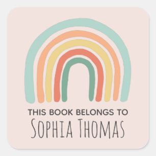 Sticker Carré Cute 'Ce Livre Appartient' Boho Rainbow Bookplate