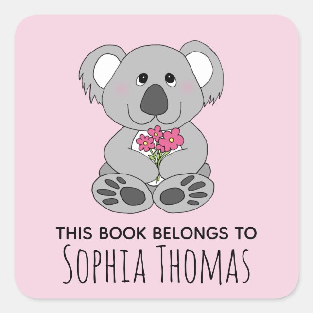 Sticker Carré Cute 'Ce Livre Appartient' Koala Nom Kids Bookplat (Devant)