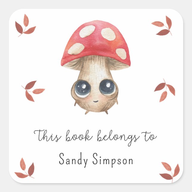 Sticker Carré Cute champignon - ce livre appartient à (Devant)