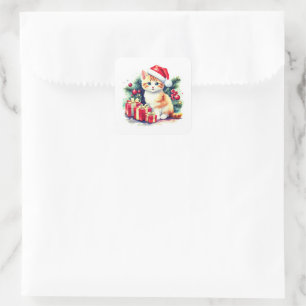 Sticker Carré Cute Chat À Santa Hat