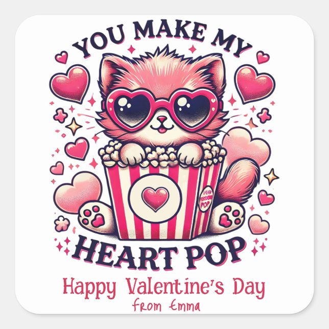 Sticker Carré Cute Chat You Make My Heart Pop Classroom (Devant)